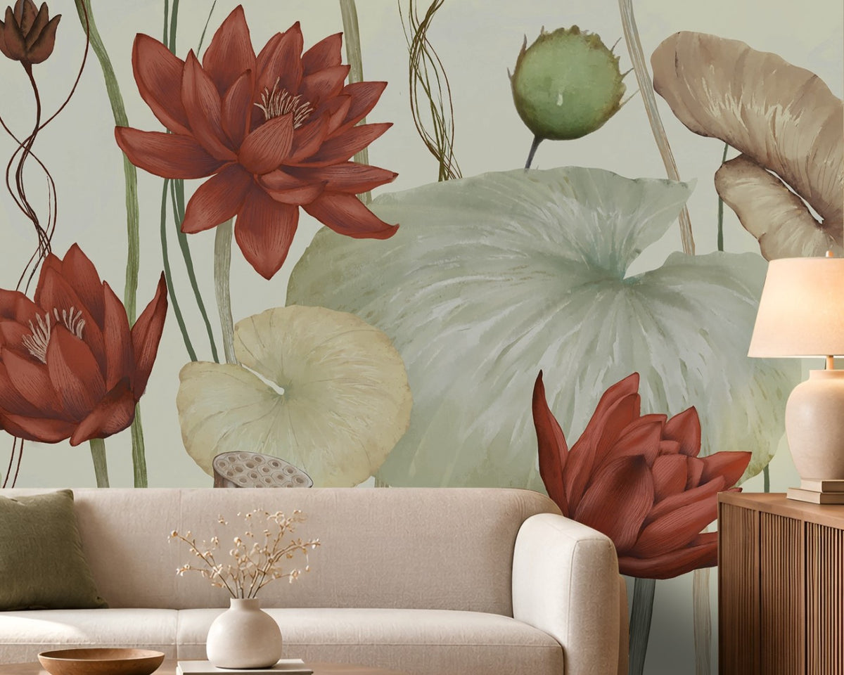 A large-scale botanical wall mural featuring red lotus flowers and pale green lotus leaves, shown in a styled living room setting behind a beige sofa with a wooden side table and lamp.