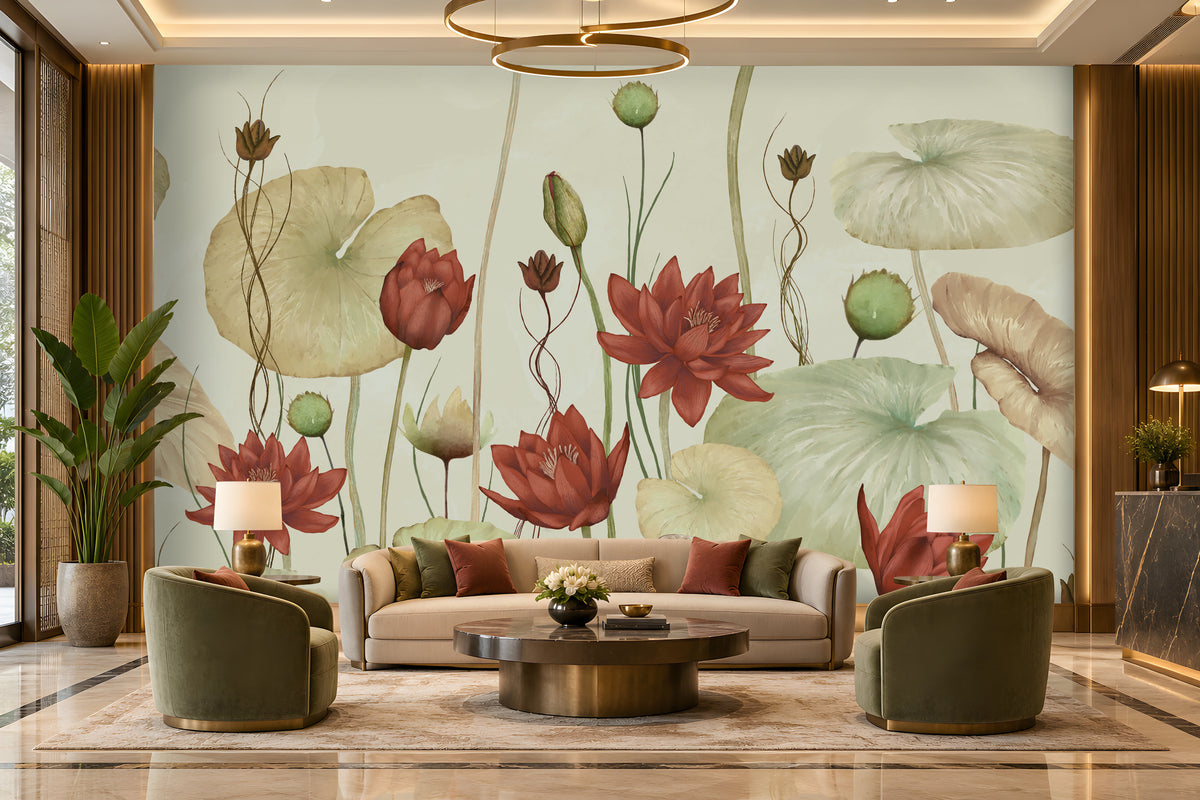 A large wall mural featuring water lotus flowers and leaves in muted red, green, and beige tones, displayed behind a beige sofa and two green armchairs in a modern living room setting.
