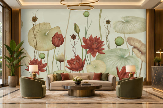 A large wall mural featuring water lotus flowers and leaves in muted red, green, and beige tones, displayed behind a beige sofa and two green armchairs in a modern living room setting.