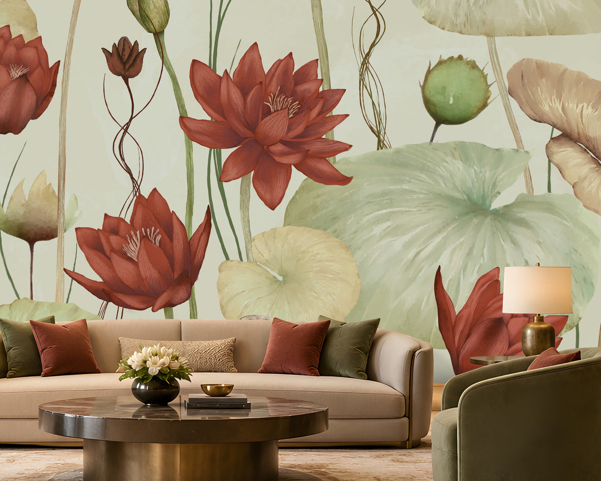 Luxurious contemporary living room featuring a large botanical lotus mural with terracotta-red flowers, soft green and beige lotus leaves, complemented by neutral seating, olive-green armchairs, warm wood accents, and elegant ambient lighting.