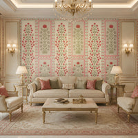 Luxury living room with blush pink and ivory floral wallpaper, cream sofas, gold accents, an ornate chandelier, and an elegant traditional interior.