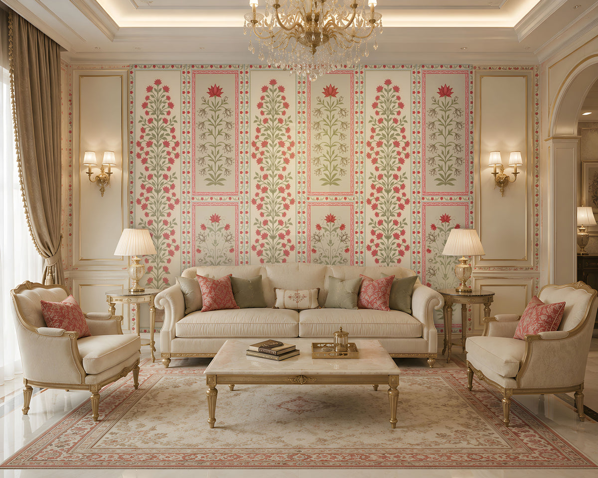 Luxury living room with blush pink and ivory floral wallpaper, cream sofas, gold accents, an ornate chandelier, and an elegant traditional interior.