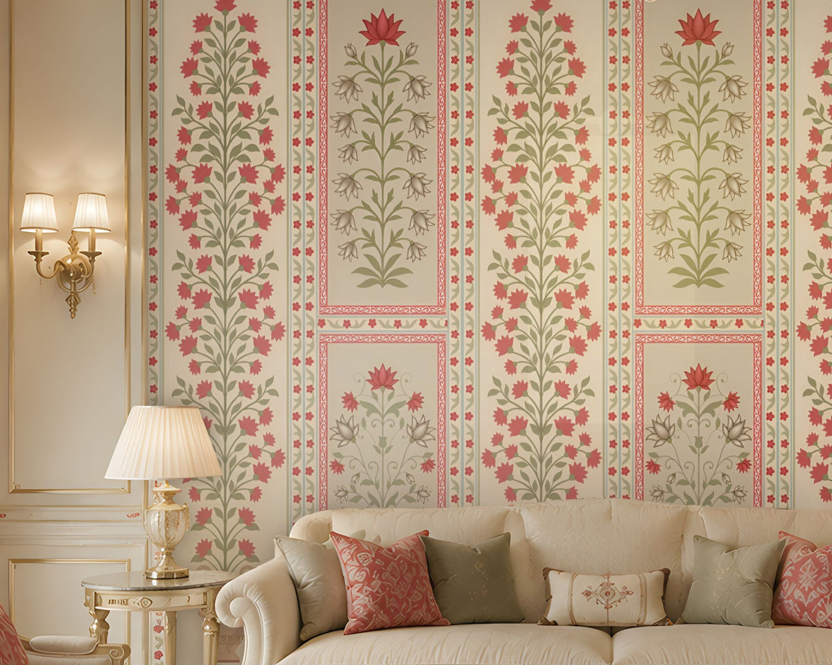 Luxury living room with blush pink and ivory floral wallpaper, cream sofas, gold accents, an ornate chandelier, and an elegant traditional interior.
