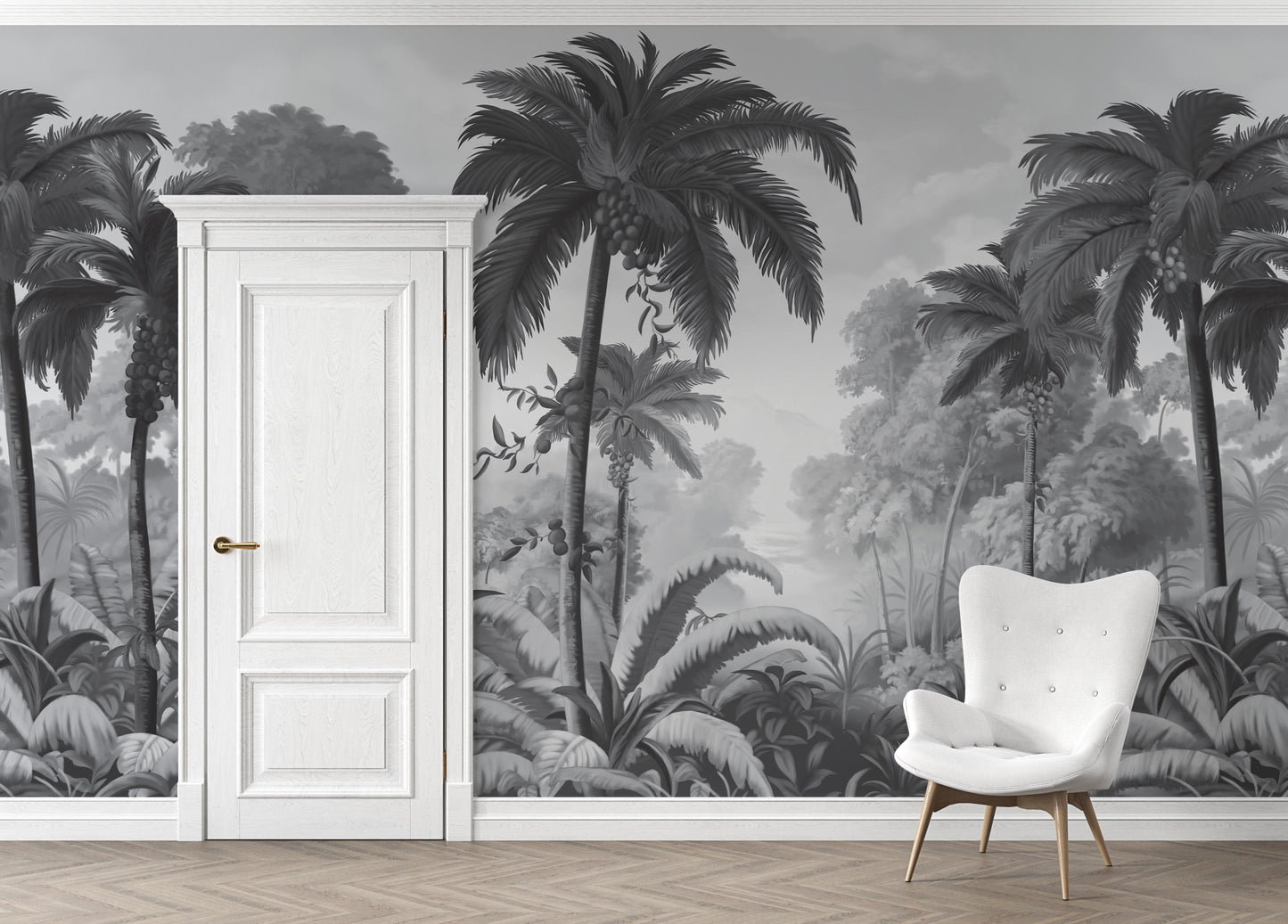 An architectural perspective of a contemporary lounge featuring the Luxe Tropical Greens Mural in Grey as a full-scale feature wall. The mural’s expansive jungle vista pairs elegantly with sleek stone surfaces and polished metal accents, creating a peaceful and cultured interior sanctuary.