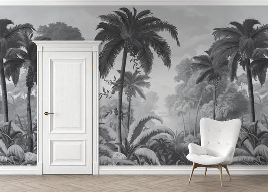 An architectural perspective of a contemporary lounge featuring the Luxe Tropical Greens Mural in Grey as a full-scale feature wall. The mural’s expansive jungle vista pairs elegantly with sleek stone surfaces and polished metal accents, creating a peaceful and cultured interior sanctuary.