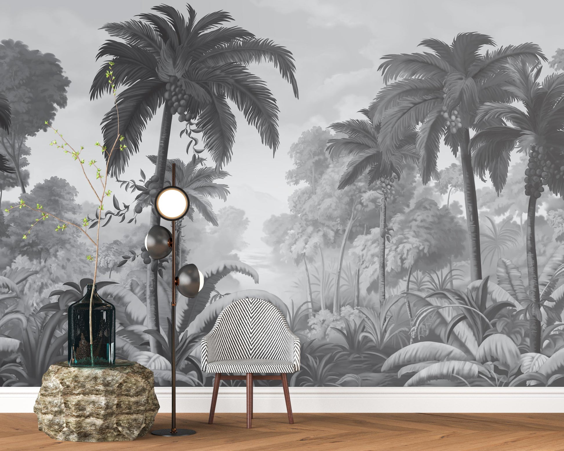 An architectural perspective of a contemporary lounge featuring the Luxe Tropical Greens Mural in Grey as a full-scale feature wall. The mural’s expansive jungle vista pairs elegantly with sleek stone surfaces and polished metal accents, creating a peaceful and cultured interior sanctuary.