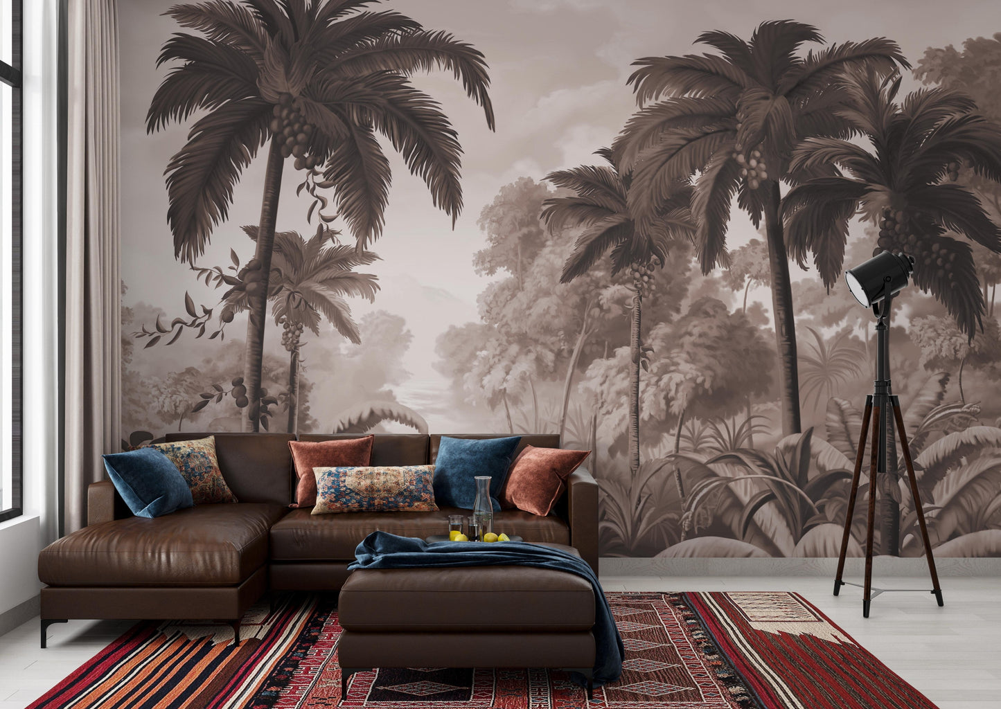 An architectural perspective of a contemporary lounge featuring the Luxe Tropical Greens Mural in Hazelnut Brown as a full-scale feature wall. The mural’s expansive jungle vista pairs elegantly with natural oak furniture and leather accents, creating a peaceful and cultured interior sanctuary.