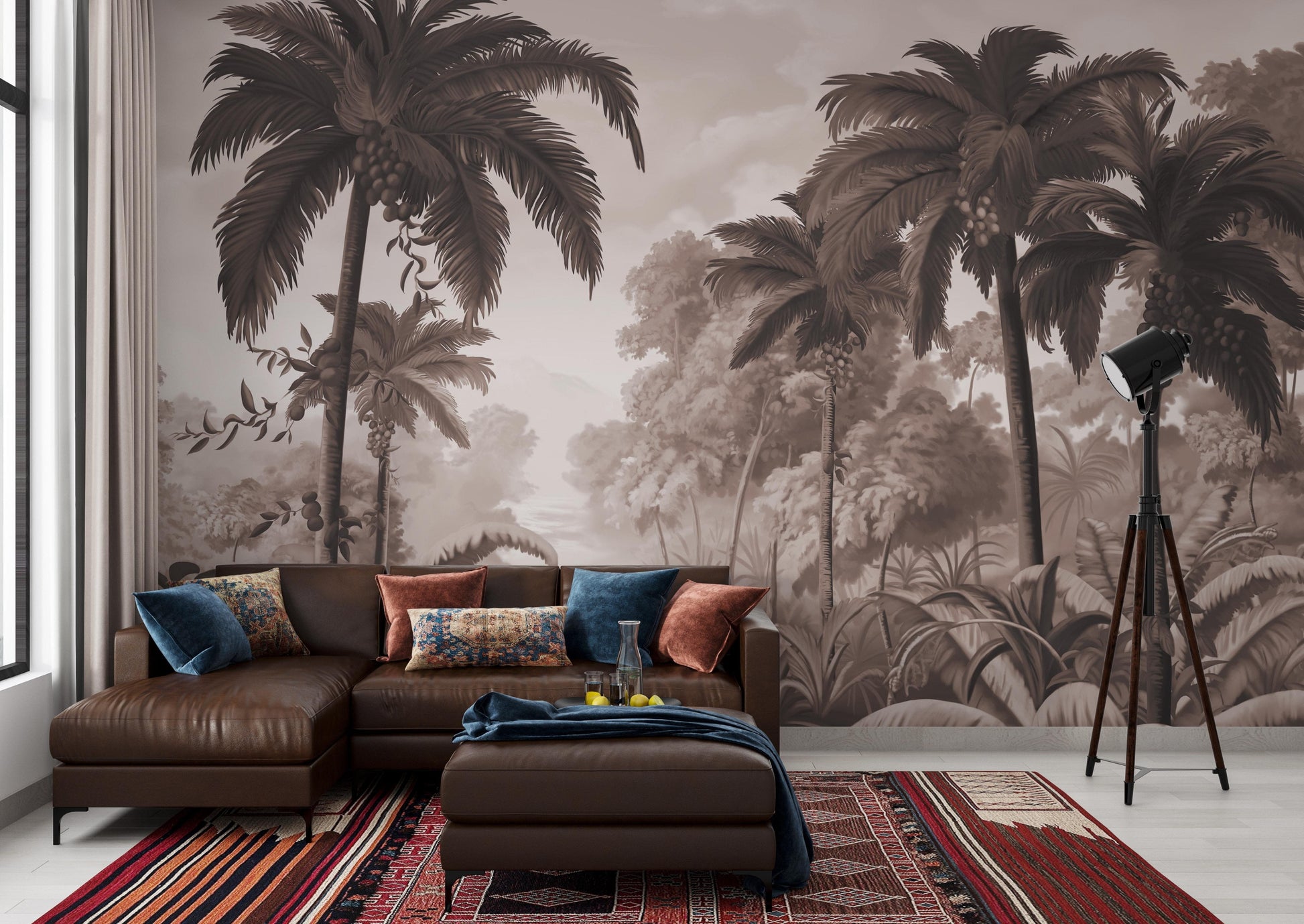 An architectural perspective of a contemporary lounge featuring the Luxe Tropical Greens Mural in Hazelnut Brown as a full-scale feature wall. The mural’s expansive jungle vista pairs elegantly with natural oak furniture and leather accents, creating a peaceful and cultured interior sanctuary.