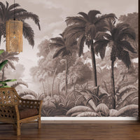 An architectural perspective of a contemporary lounge featuring the Luxe Tropical Greens Mural in Hazelnut Brown as a full-scale feature wall. The mural’s expansive jungle vista pairs elegantly with natural oak furniture and leather accents, creating a peaceful and cultured interior sanctuary.