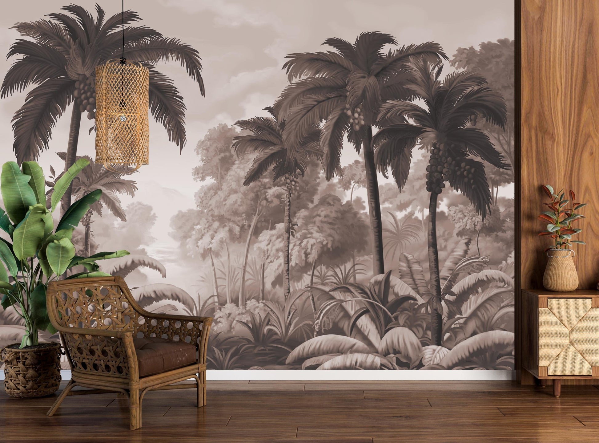 An architectural perspective of a contemporary lounge featuring the Luxe Tropical Greens Mural in Hazelnut Brown as a full-scale feature wall. The mural’s expansive jungle vista pairs elegantly with natural oak furniture and leather accents, creating a peaceful and cultured interior sanctuary.