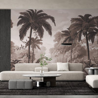 An architectural perspective of a contemporary lounge featuring the Luxe Tropical Greens Mural in Hazelnut Brown as a full-scale feature wall. The mural’s expansive jungle vista pairs elegantly with natural oak furniture and leather accents, creating a peaceful and cultured interior sanctuary.