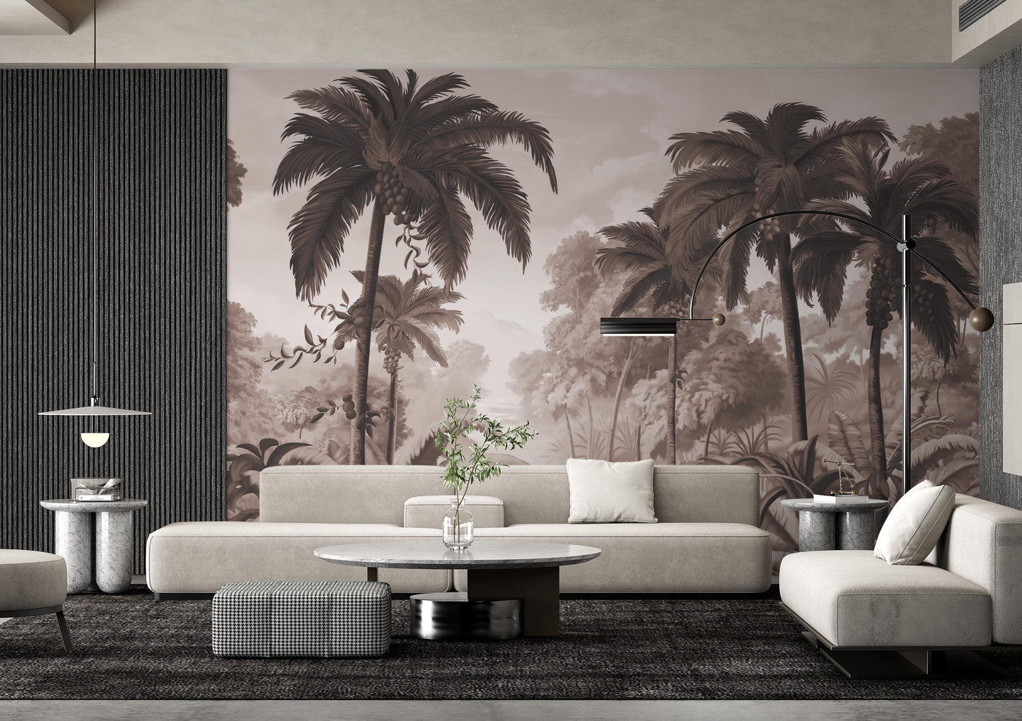 An architectural perspective of a contemporary lounge featuring the Luxe Tropical Greens Mural in Hazelnut Brown as a full-scale feature wall. The mural’s expansive jungle vista pairs elegantly with natural oak furniture and leather accents, creating a peaceful and cultured interior sanctuary.