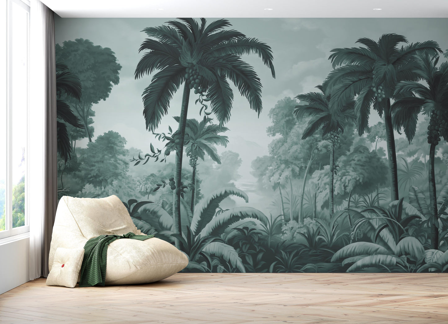An architectural perspective of a contemporary lounge featuring the Luxe Tropical Greens Mural in Misty Morning as a full-scale feature wall. The mural’s expansive jungle vista pairs elegantly with light-toned furniture and minimalist decor, creating a peaceful and cultured interior sanctuary.