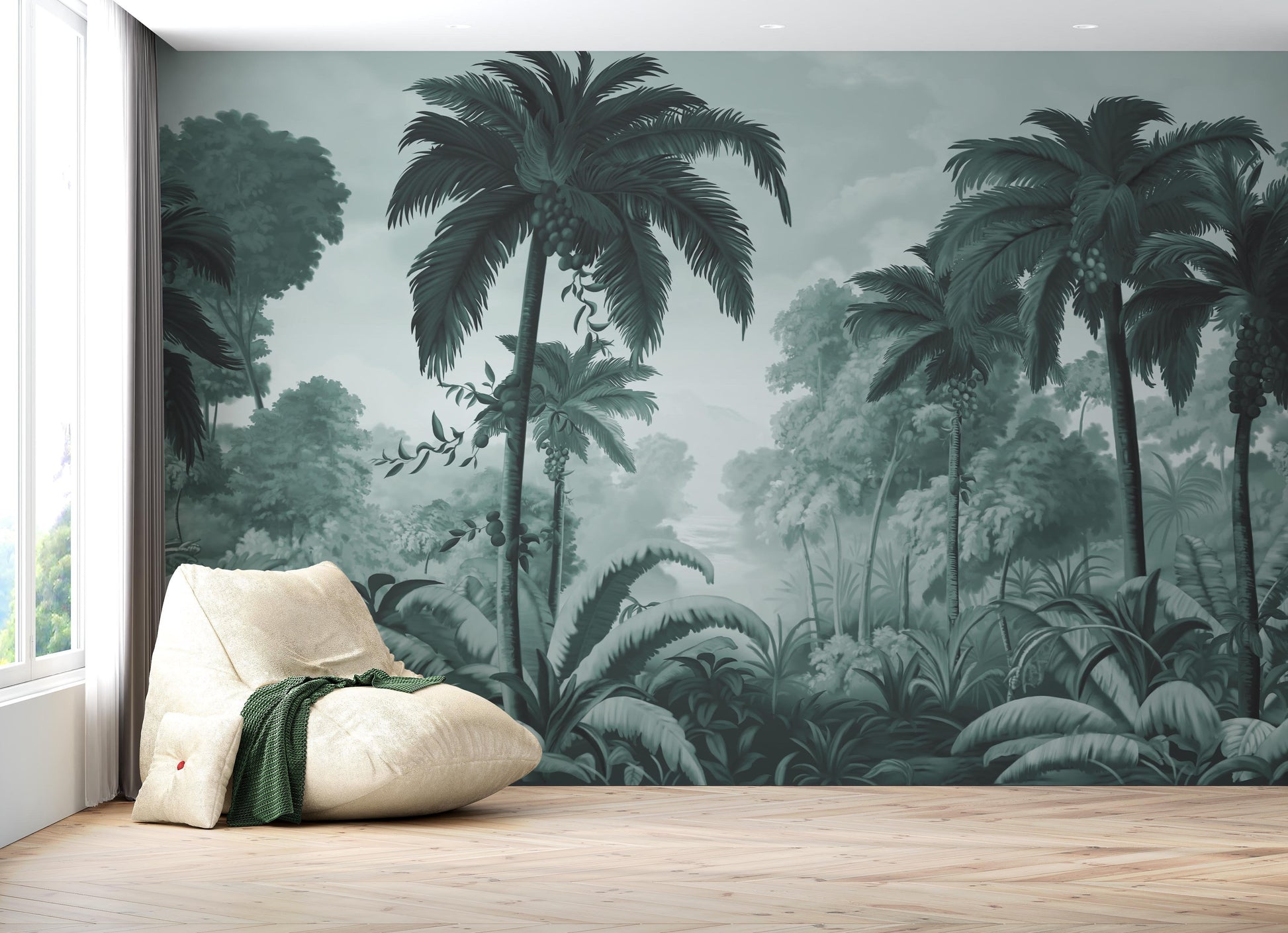 An architectural perspective of a contemporary lounge featuring the Luxe Tropical Greens Mural in Misty Morning as a full-scale feature wall. The mural’s expansive jungle vista pairs elegantly with light-toned furniture and minimalist decor, creating a peaceful and cultured interior sanctuary.