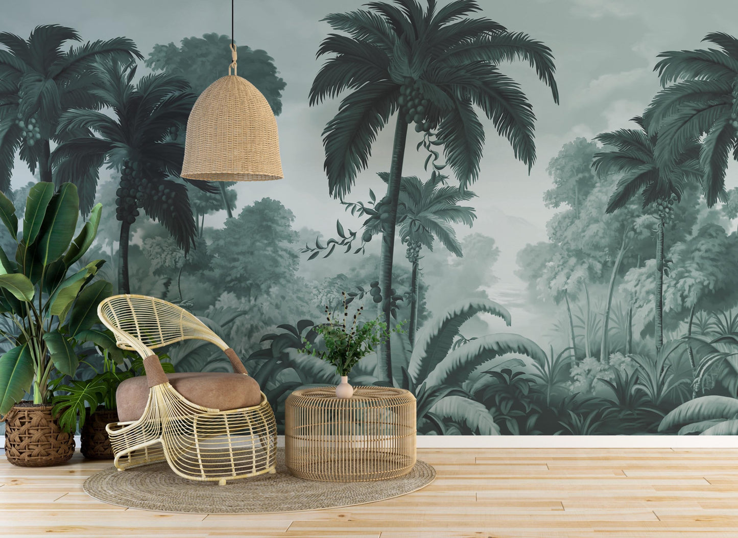 An architectural perspective of a contemporary lounge featuring the Luxe Tropical Greens Mural in Misty Morning as a full-scale feature wall. The mural’s expansive jungle vista pairs elegantly with light-toned furniture and minimalist decor, creating a peaceful and cultured interior sanctuary.