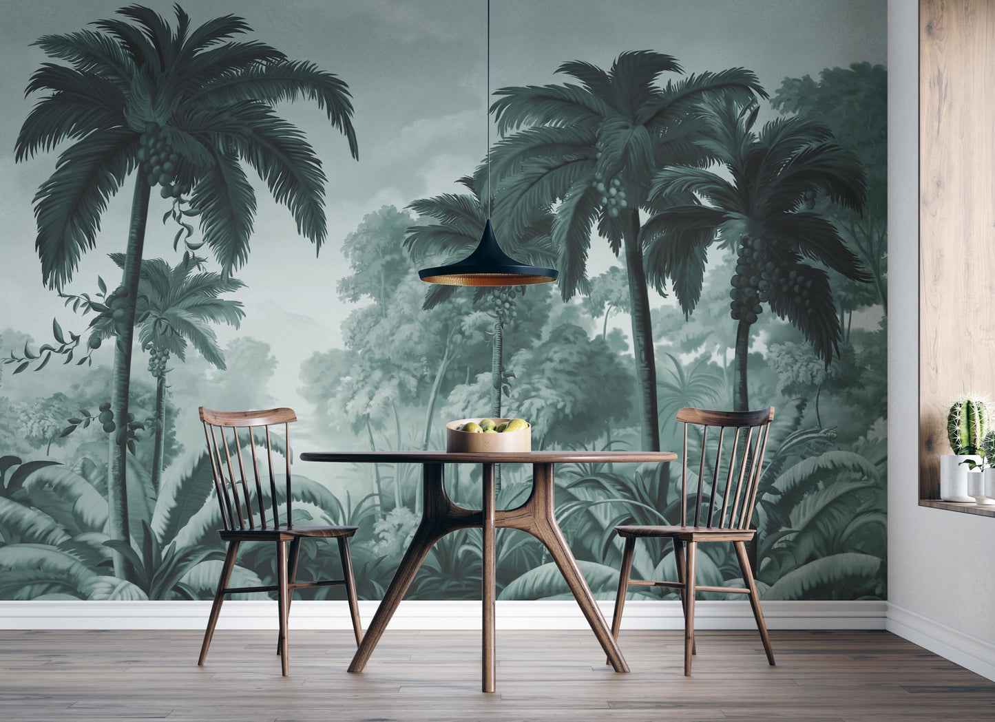 An architectural perspective of a contemporary lounge featuring the Luxe Tropical Greens Mural in Misty Morning as a full-scale feature wall. The mural’s expansive jungle vista pairs elegantly with light-toned furniture and minimalist decor, creating a peaceful and cultured interior sanctuary.