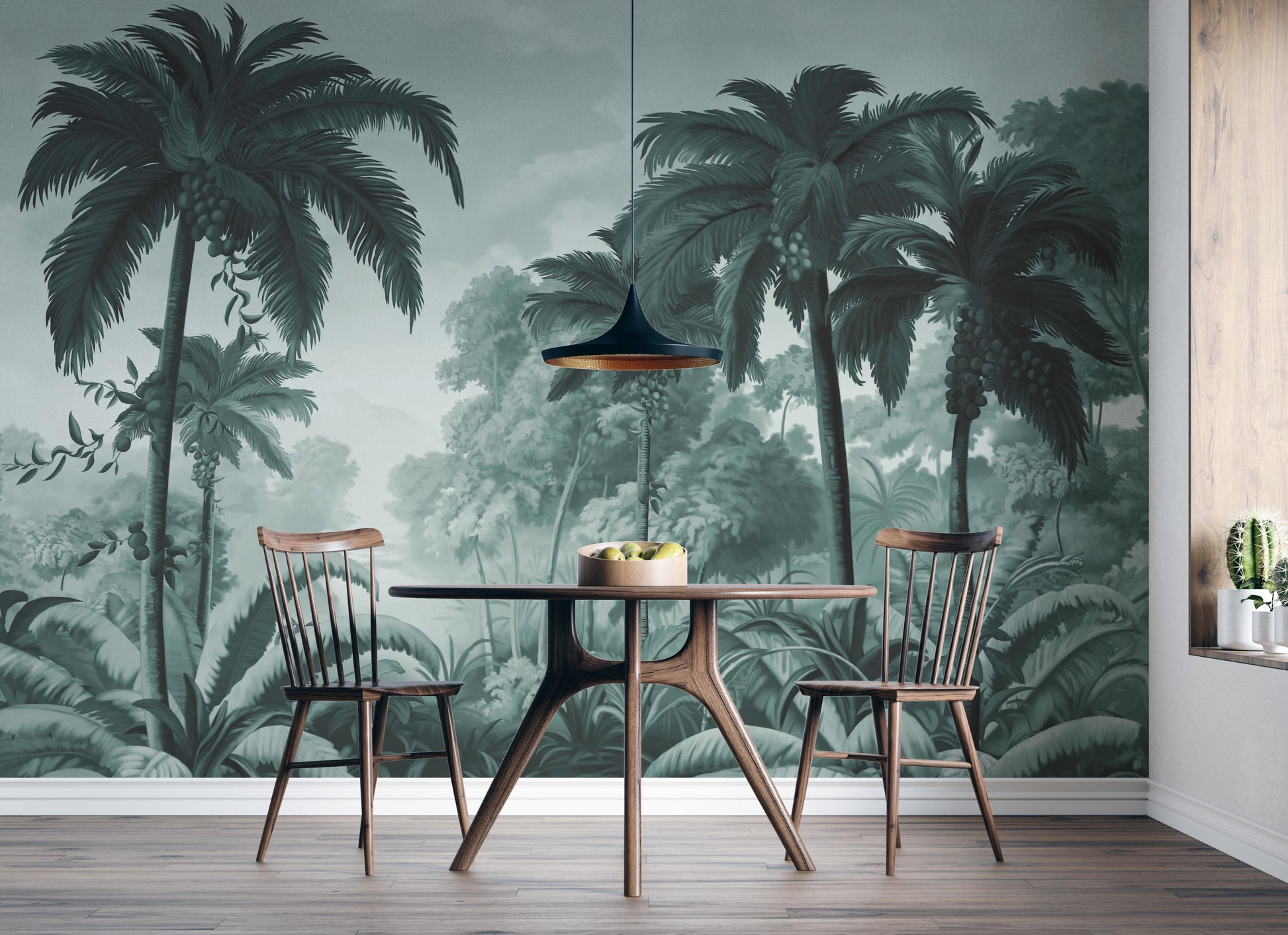 An architectural perspective of a contemporary lounge featuring the Luxe Tropical Greens Mural in Misty Morning as a full-scale feature wall. The mural’s expansive jungle vista pairs elegantly with light-toned furniture and minimalist decor, creating a peaceful and cultured interior sanctuary.