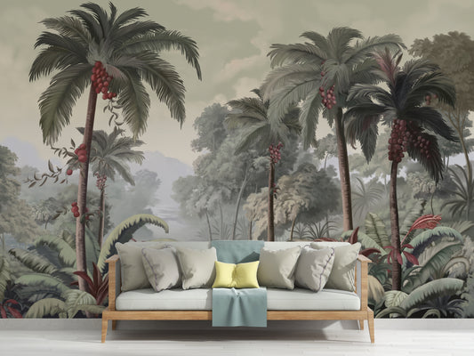 An architectural perspective of a contemporary lounge featuring the Luxe Tropical Greens Mural as a full-scale feature wall behind a minimalist wooden sofa. The mural’s expansive jungle vista pairs elegantly with light wood accents and neutral textiles, creating a peaceful and cultured interior sanctuary.