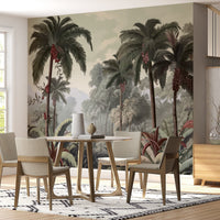 An architectural perspective of a contemporary lounge featuring the Luxe Tropical Greens Mural as a full-scale feature wall behind a minimalist wooden sofa. The mural’s expansive jungle vista pairs elegantly with light wood accents and neutral textiles, creating a peaceful and cultured interior sanctuary.