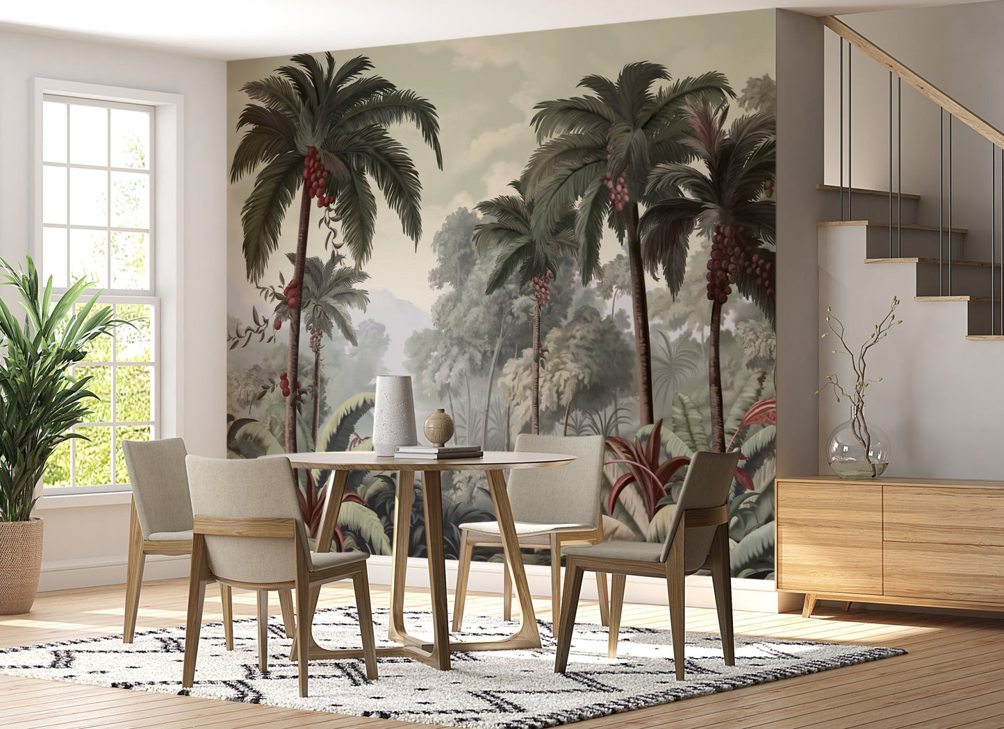 An architectural perspective of a contemporary lounge featuring the Luxe Tropical Greens Mural as a full-scale feature wall behind a minimalist wooden sofa. The mural’s expansive jungle vista pairs elegantly with light wood accents and neutral textiles, creating a peaceful and cultured interior sanctuary.