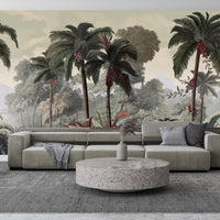An architectural perspective of a contemporary lounge featuring the Luxe Tropical Greens Mural as a full-scale feature wall behind a minimalist wooden sofa. The mural’s expansive jungle vista pairs elegantly with light wood accents and neutral textiles, creating a peaceful and cultured interior sanctuary.