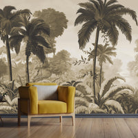An architectural perspective of a contemporary lounge featuring the Luxe Tropical Greens Mural in Ochre Sunset as a full-scale feature wall. The mural’s expansive jungle vista pairs elegantly with warm wood accents and mid-century furniture, creating a peaceful and cultured interior sanctuary.