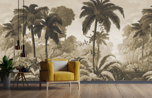 An architectural perspective of a contemporary lounge featuring the Luxe Tropical Greens Mural in Ochre Sunset as a full-scale feature wall. The mural’s expansive jungle vista pairs elegantly with warm wood accents and mid-century furniture, creating a peaceful and cultured interior sanctuary.