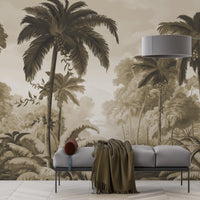 An architectural perspective of a contemporary lounge featuring the Luxe Tropical Greens Mural in Ochre Sunset as a full-scale feature wall. The mural’s expansive jungle vista pairs elegantly with warm wood accents and mid-century furniture, creating a peaceful and cultured interior sanctuary.