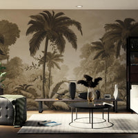 An architectural perspective of a contemporary lounge featuring the Luxe Tropical Greens Mural in Ochre Sunset as a full-scale feature wall. The mural’s expansive jungle vista pairs elegantly with warm wood accents and mid-century furniture, creating a peaceful and cultured interior sanctuary.