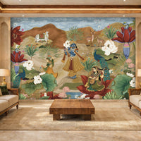 Krishna Raas Leela Pichwai wallpaper mural with lotus flowers, peacocks, and Vrindavan scene used on a luxury Indian living room highlight wall.