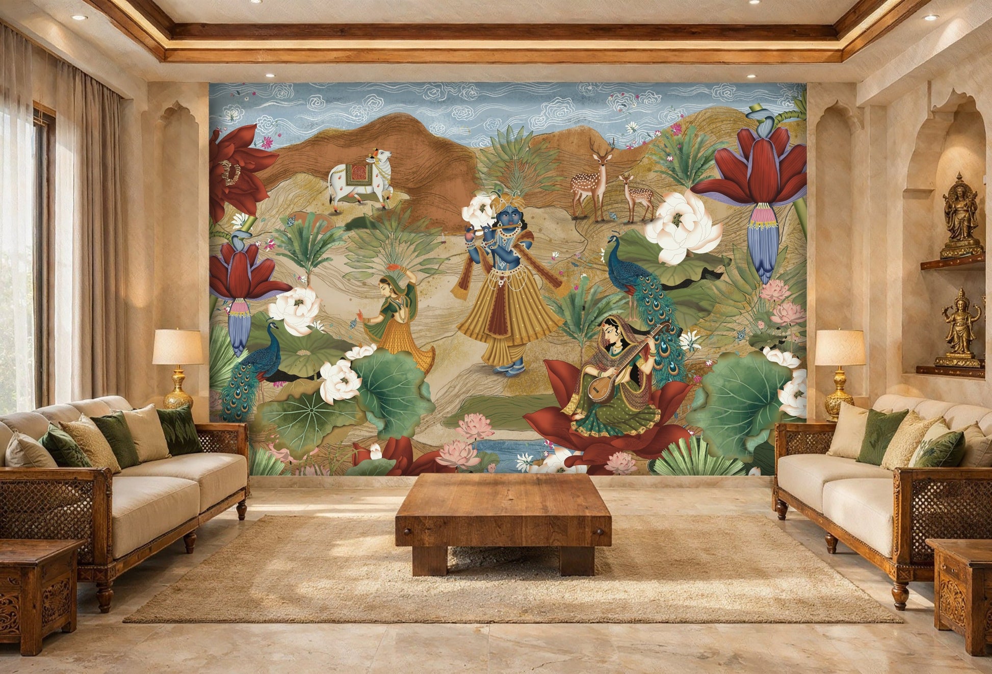 Krishna Raas Leela Pichwai wallpaper mural with lotus flowers, peacocks, and Vrindavan scene used on a luxury Indian living room highlight wall.