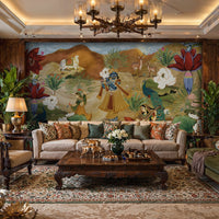 Luxury multicolor Krishna Pichwai wallpaper mural with blue Krishna, earthy beige background, green foliage, red lotus flowers, and peacock motifs on a traditional Indian living room highlight wall.