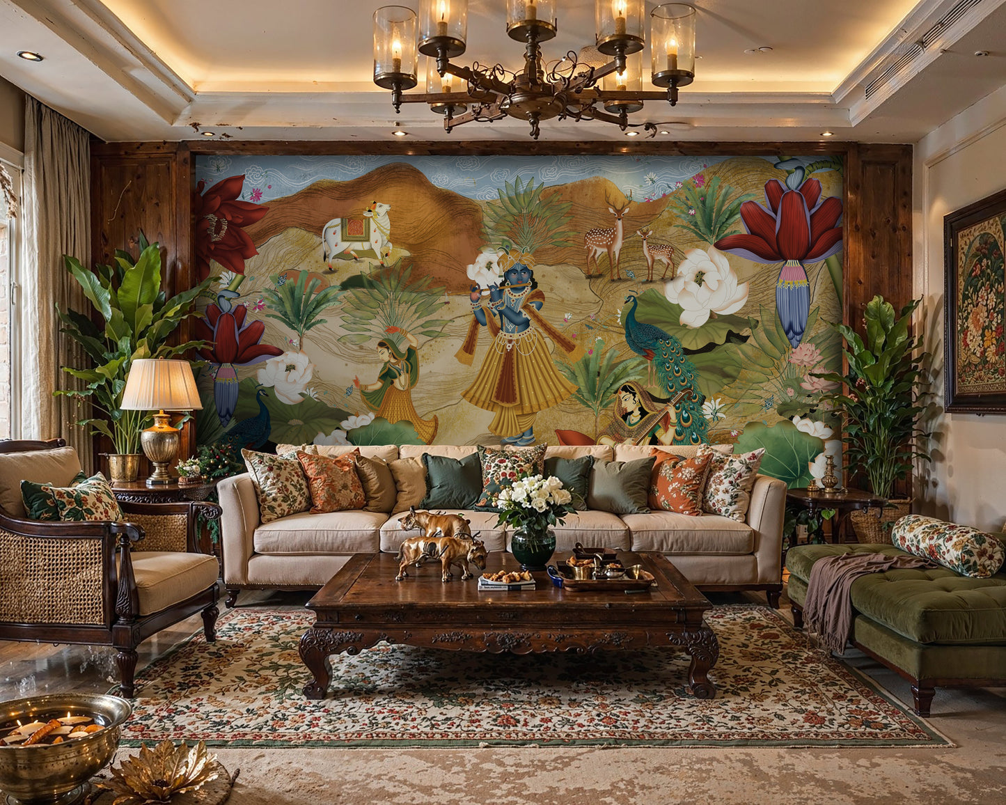 Luxury multicolor Krishna Pichwai wallpaper mural with blue Krishna, earthy beige background, green foliage, red lotus flowers, and peacock motifs on a traditional Indian living room highlight wall.