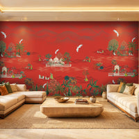 1349_DA Maharaja Garden Pichwai Mural Wallpaper - Sindoor Red