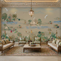 Elegant Pichwai mural wallpaper featuring Vrindavan landscape with lotus lakes, peacocks, cows, and palace architecture in pastel beige and sage green tones for a luxury Indian living room.