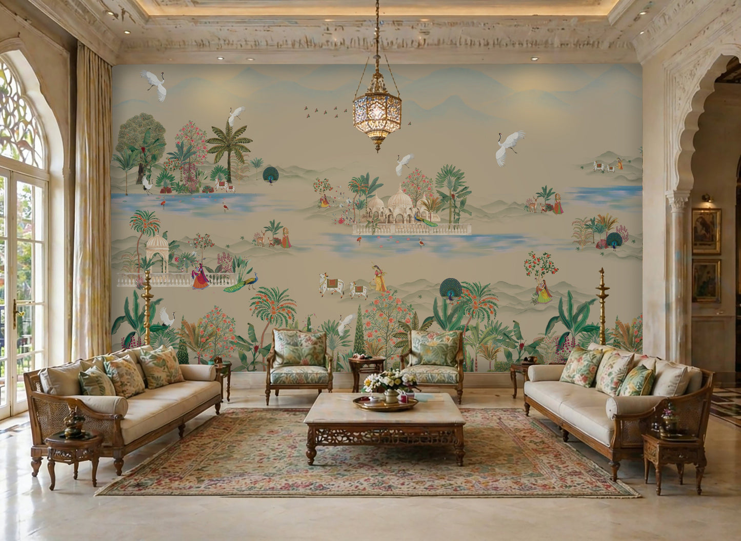 Elegant Pichwai mural wallpaper featuring Vrindavan landscape with lotus lakes, peacocks, cows, and palace architecture in pastel beige and sage green tones for a luxury Indian living room.
