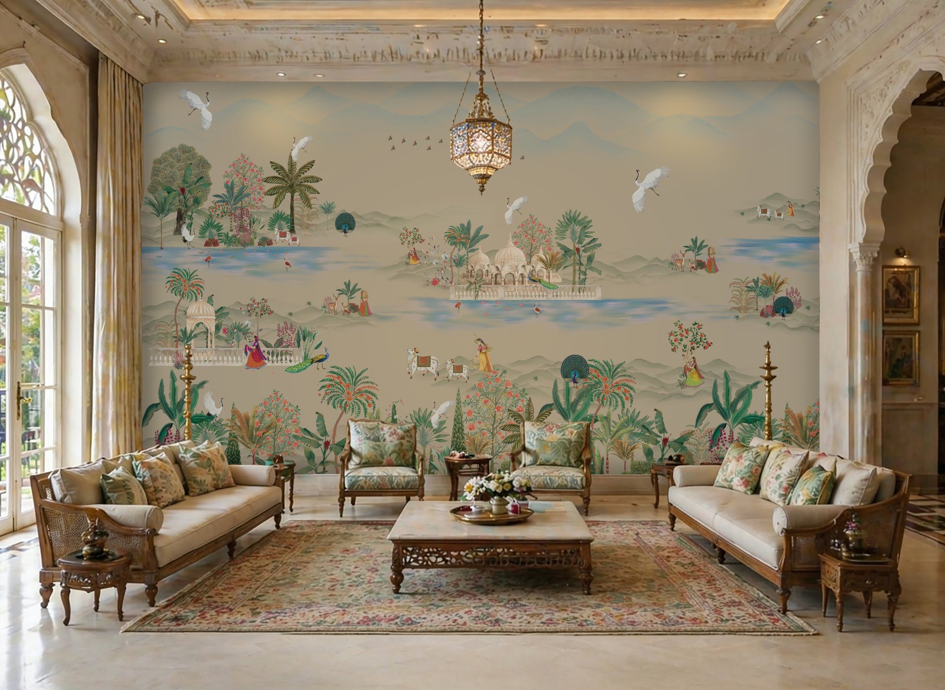 Elegant Pichwai mural wallpaper featuring Vrindavan landscape with lotus lakes, peacocks, cows, and palace architecture in pastel beige and sage green tones for a luxury Indian living room.