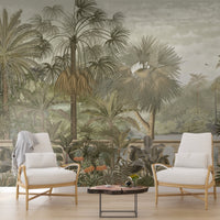 An architectural perspective of a contemporary sunroom featuring the Majestic Grove Mural as a full-scale feature wall behind two white rattan lounge chairs. The mural’s expansive scenic vista pairs elegantly with natural wood flooring and organic decor, creating a peaceful and cultured interior sanctuary.