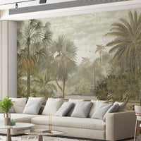 An architectural perspective of a contemporary sunroom featuring the Majestic Grove Mural as a full-scale feature wall behind two white rattan lounge chairs. The mural’s expansive scenic vista pairs elegantly with natural wood flooring and organic decor, creating a peaceful and cultured interior sanctuary.