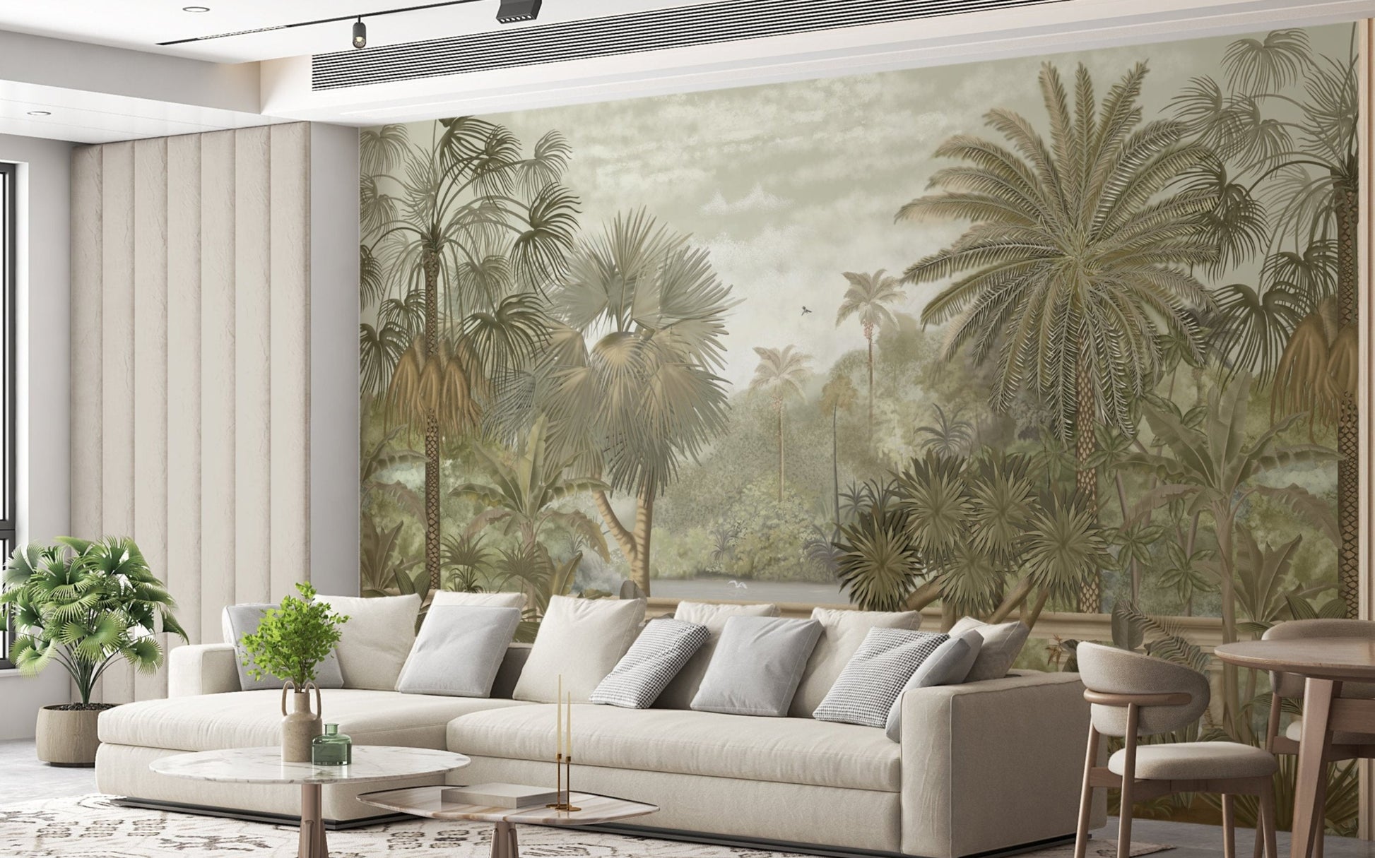 An architectural perspective of a contemporary sunroom featuring the Majestic Grove Mural as a full-scale feature wall behind two white rattan lounge chairs. The mural’s expansive scenic vista pairs elegantly with natural wood flooring and organic decor, creating a peaceful and cultured interior sanctuary.
