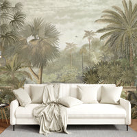 An architectural perspective of a contemporary sunroom featuring the Majestic Grove Mural as a full-scale feature wall behind two white rattan lounge chairs. The mural’s expansive scenic vista pairs elegantly with natural wood flooring and organic decor, creating a peaceful and cultured interior sanctuary.