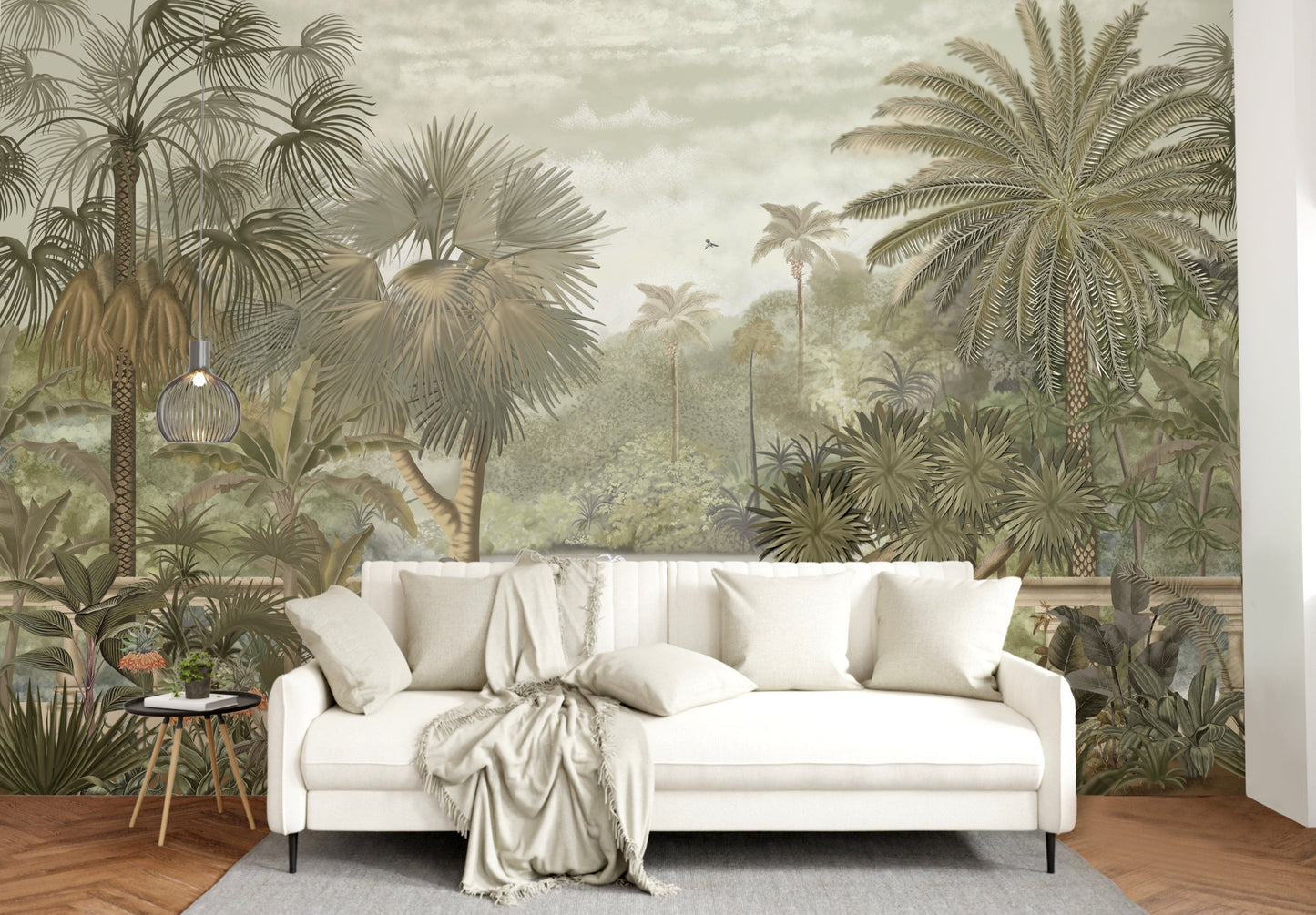 An architectural perspective of a contemporary sunroom featuring the Majestic Grove Mural as a full-scale feature wall behind two white rattan lounge chairs. The mural’s expansive scenic vista pairs elegantly with natural wood flooring and organic decor, creating a peaceful and cultured interior sanctuary.