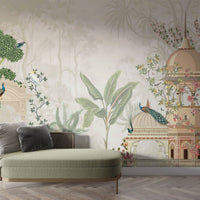 Beige floral mural wallpaper featuring Mayur Bagh design installed in living room, dining room, and bedroom interiors with elegant botanical detailing.