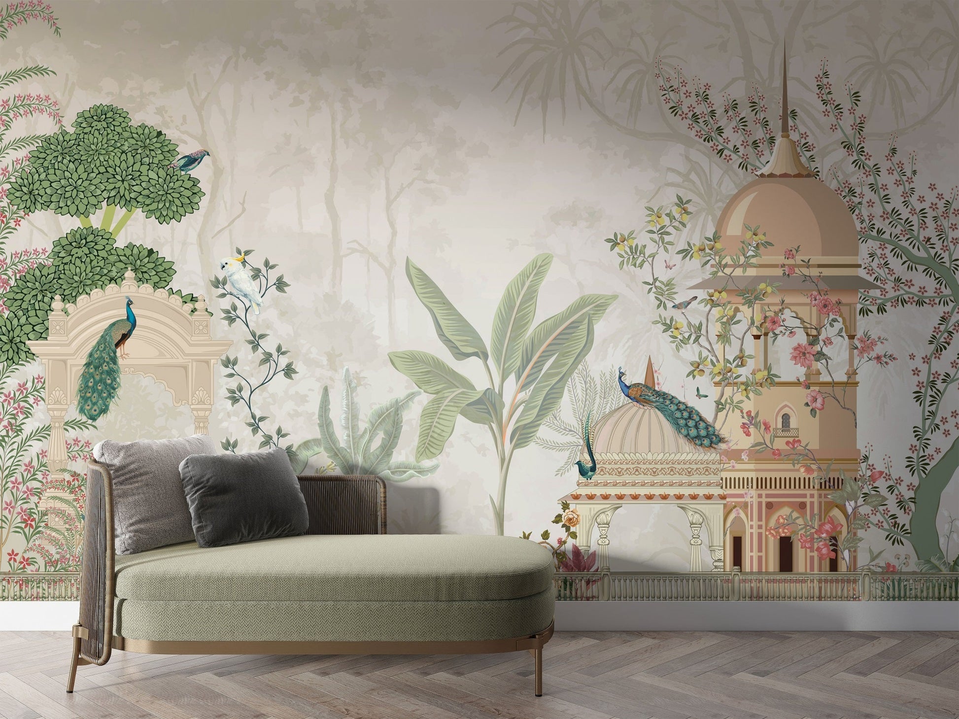 Beige floral mural wallpaper featuring Mayur Bagh design installed in living room, dining room, and bedroom interiors with elegant botanical detailing.