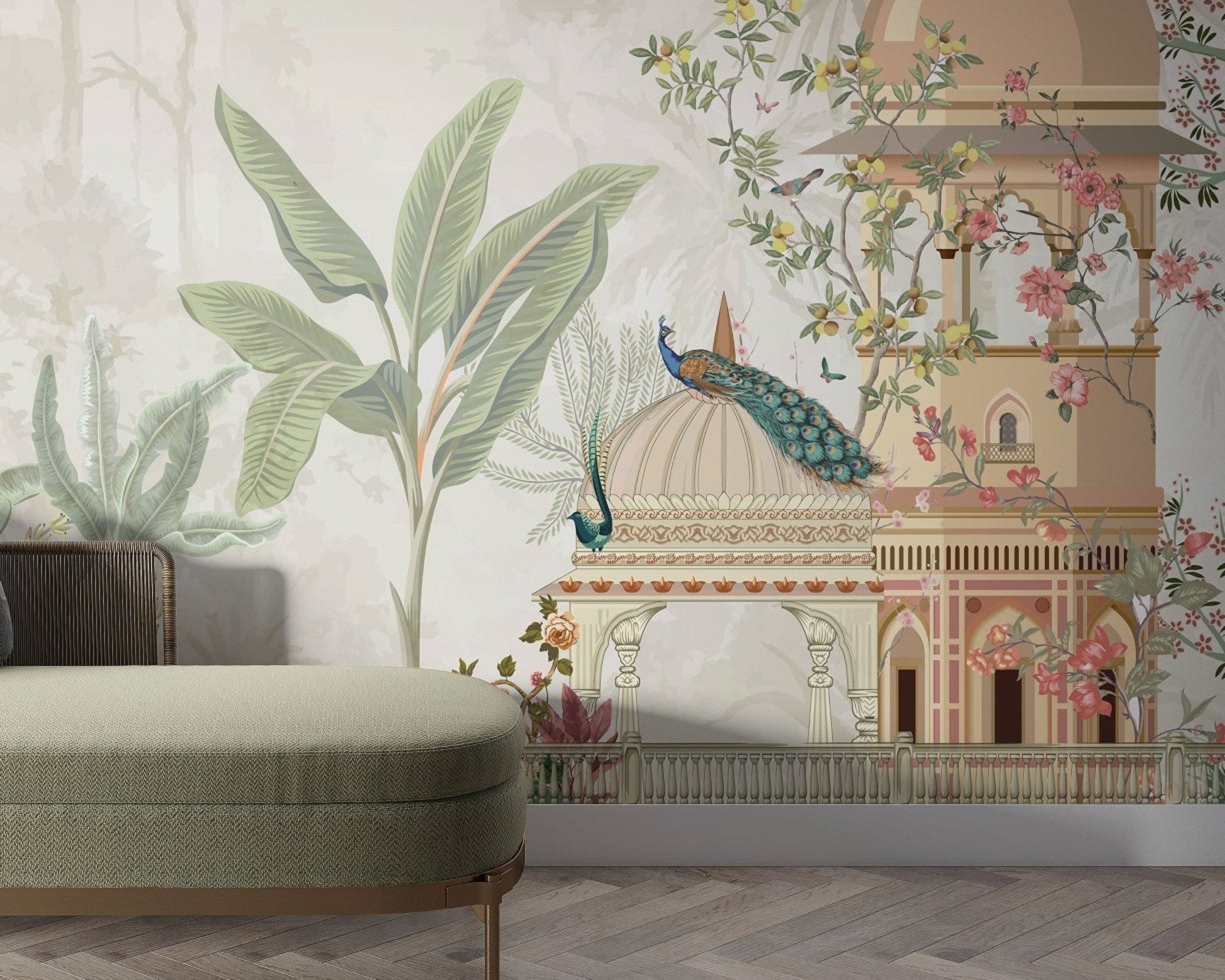 Beige floral mural wallpaper featuring Mayur Bagh design installed in living room, dining room, and bedroom interiors with elegant botanical detailing.