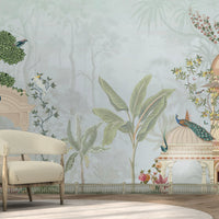 Blue floral mural wallpaper featuring Mayur Bagh design installed in living room, dining room, and bedroom interiors with elegant botanical detailing.