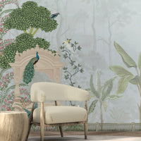 Blue floral mural wallpaper featuring Mayur Bagh design installed in living room, dining room, and bedroom interiors with elegant botanical detailing.