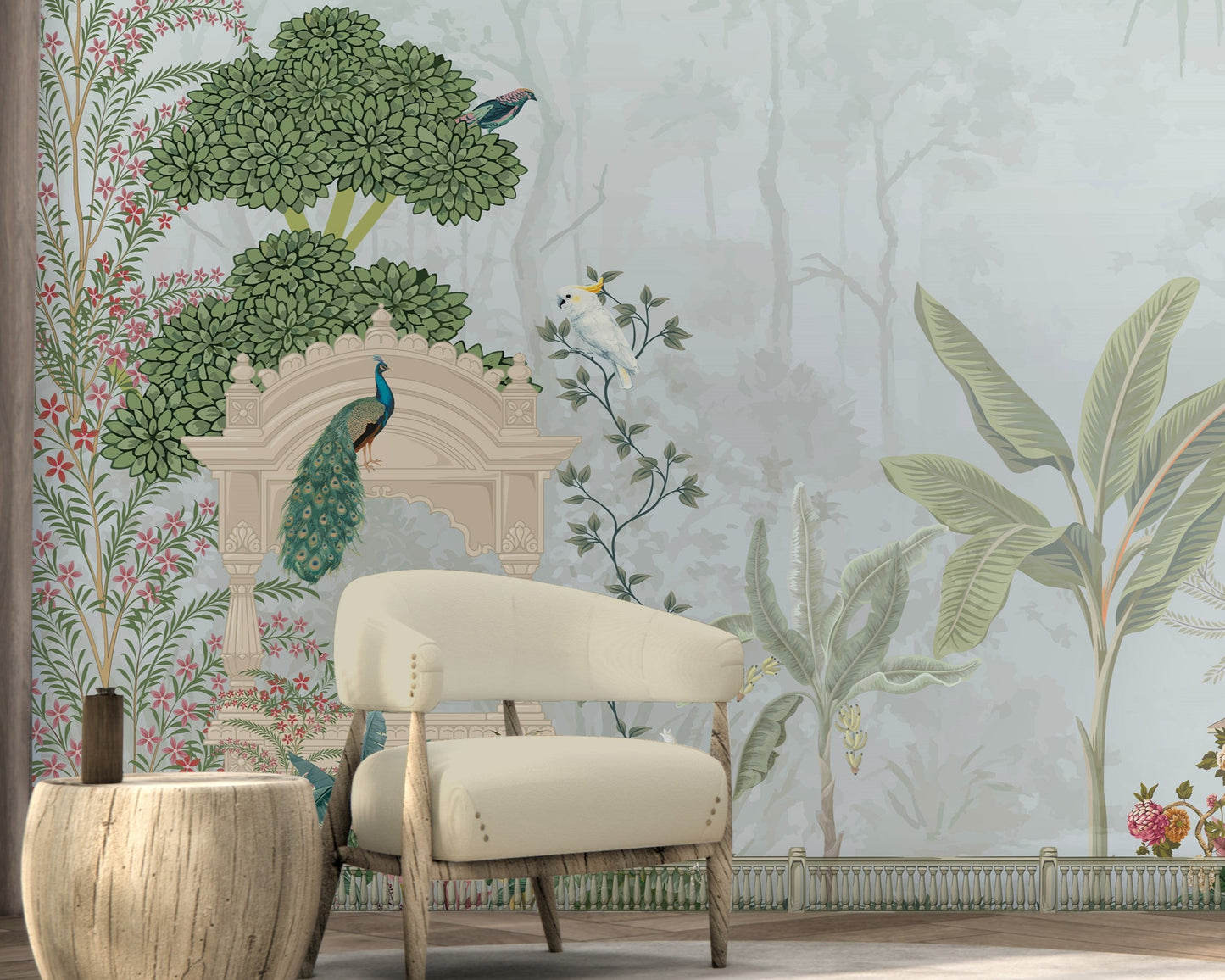 Blue floral mural wallpaper featuring Mayur Bagh design installed in living room, dining room, and bedroom interiors with elegant botanical detailing.