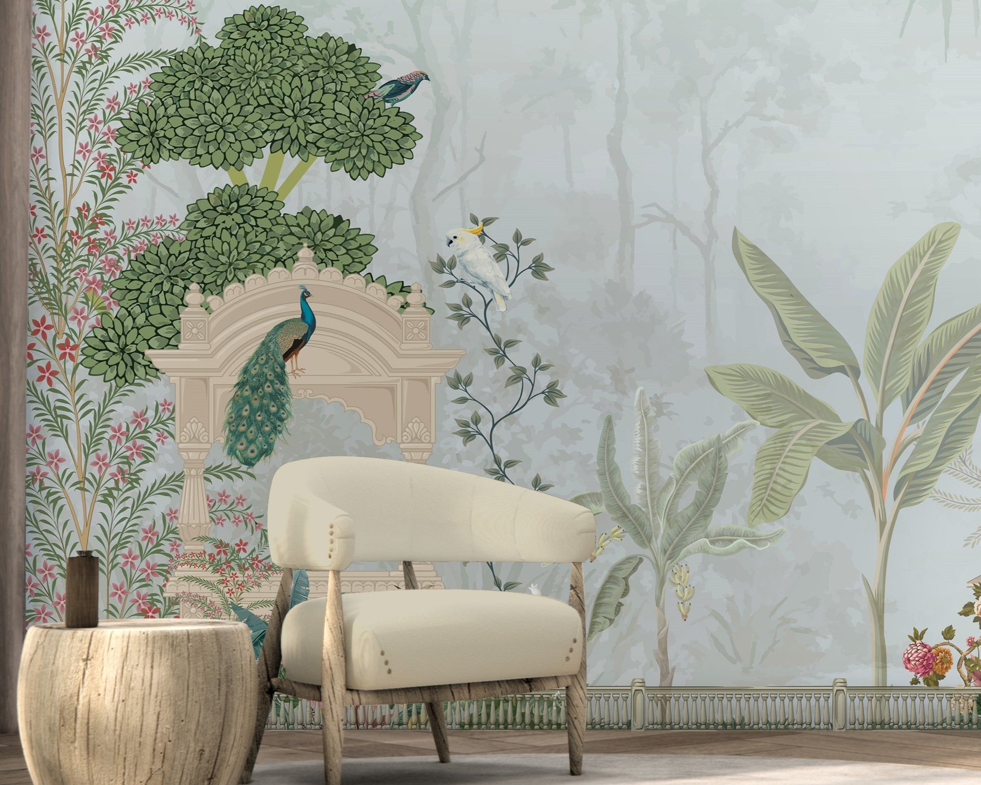 Blue floral mural wallpaper featuring Mayur Bagh design installed in living room, dining room, and bedroom interiors with elegant botanical detailing.