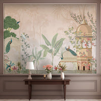 Peach floral mural wallpaper featuring Mayur Bagh design installed in living room, dining room, and bedroom interiors with elegant botanical detailing.